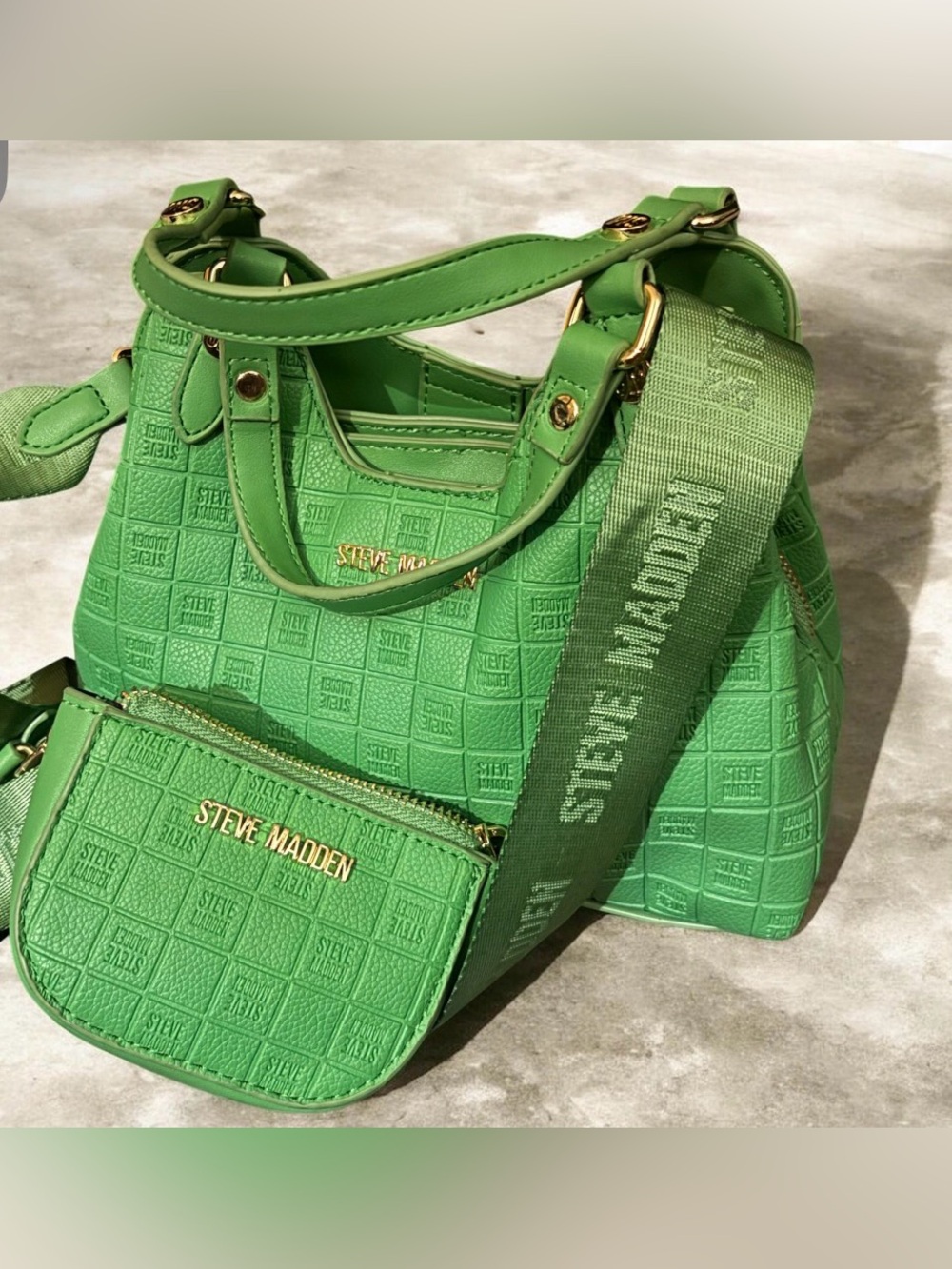 Steve Madden Lime Green Embossed Logo Satchel with Guitar Strap and Pouch